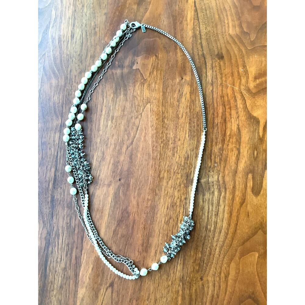 J Jill Necklace Statement Silver Tone 30" Long Multi Strand Chain Faux Pearls